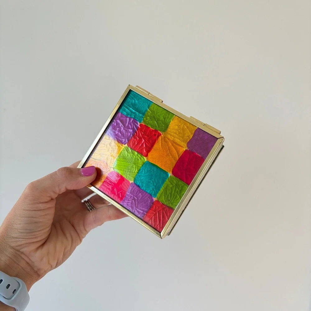 Vintage Glass Coaster Set 6pc Multi Color Patchwork Brass Tone Footed Box MCM